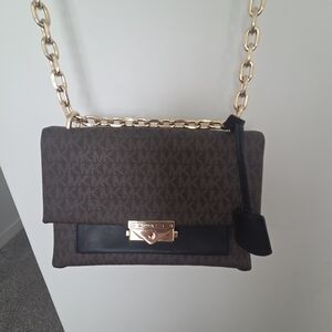 Michael Kors Black and Brown Shoulder Bag with Gold Chain